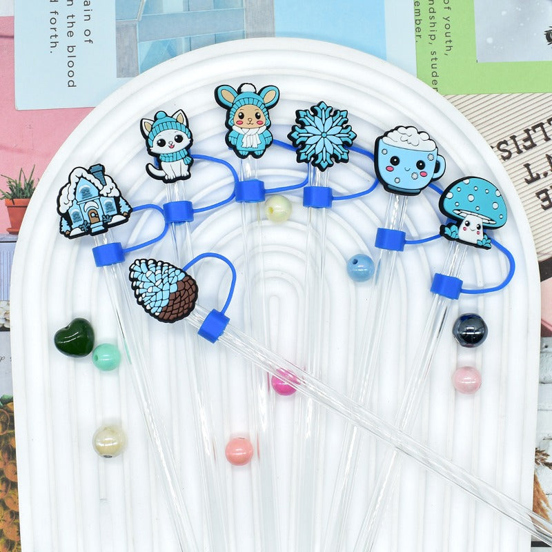 Wholesale Random 100pcs Cute Ice and Snow Series 10mm PVC Soft Straw Tube Cap  ACC-SCR-RYY109