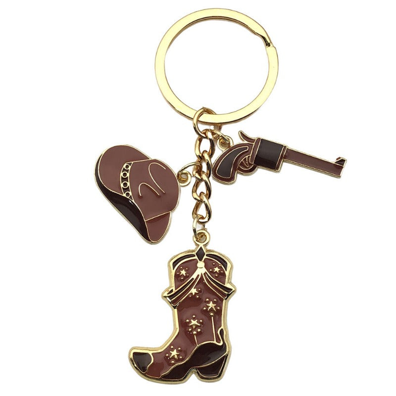 Wholesale Vintage Brown Western Cowboy Hat Boots Pistol Keychain ACC-KC-Luneng010