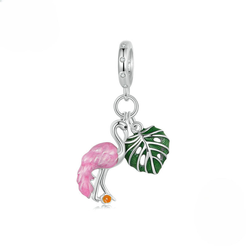 Wholesale Plant Series Cactus Diy Pendant Accessories Pink Flamingo S925 Silver Lucky Beads Charms ACC-CHS-YinZhiyun010