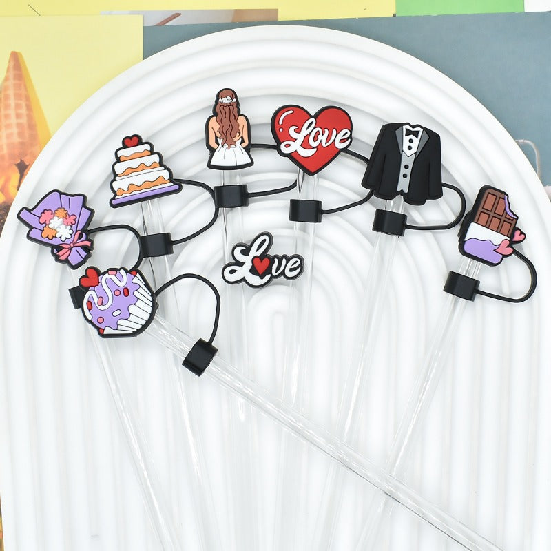 Wholesale Random 100pcs Valentine's Day Series 10mm PVC Soft Straw Tube Cap ACC-SCR-RYY153