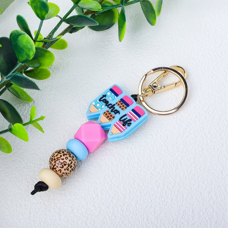 Wholesale Teacher's Day Pencil Silicone Leopard Wood Beads Beaded Keychain ACC-KC-JiuYa009