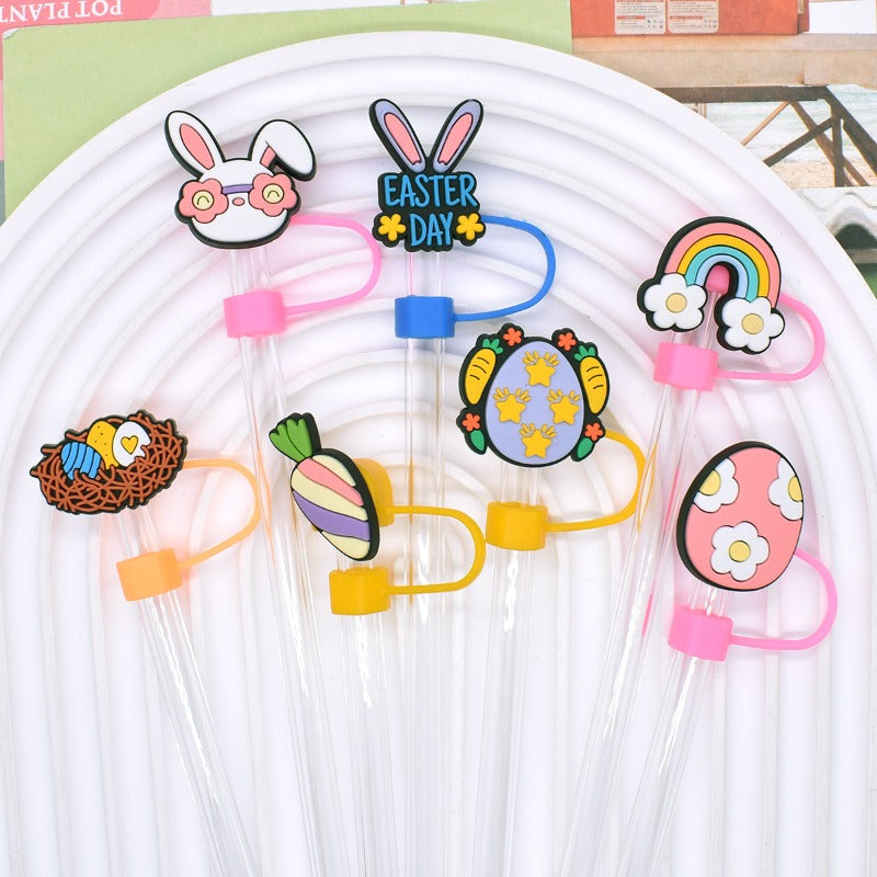 Wholesale Random 100pcs Easter Cartoon Bunny 10mm PVC Soft Straw Tube Cap ACC-SCR-RYY146