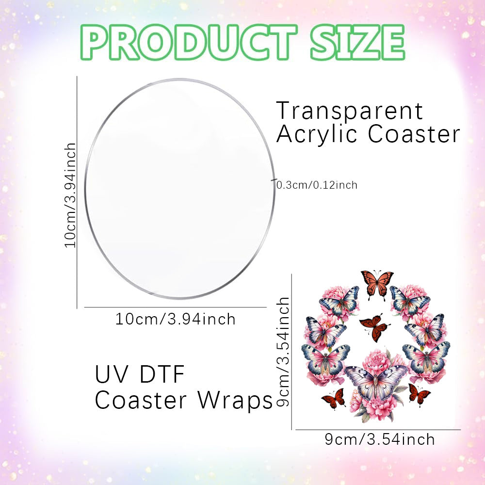 10PCS DIY Coaster Set, 5 Round Clear Acrylic Coasters & 5 Butterfly UV DTF Wrap Stickers, Craft Supplies for Custom Coasters, Decorative Home Decor, Office & Kitchen Accessories, Gift Idea