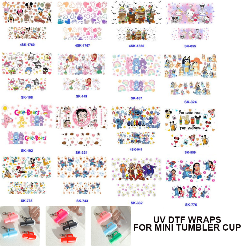 Wholesale Mix 16pcs Cartoon UV DTF Cup Wraps for Mini Tumbler Cup Keychains Accessories DIY Gift Cup Sticker Gift ACC-UDW-OSM019