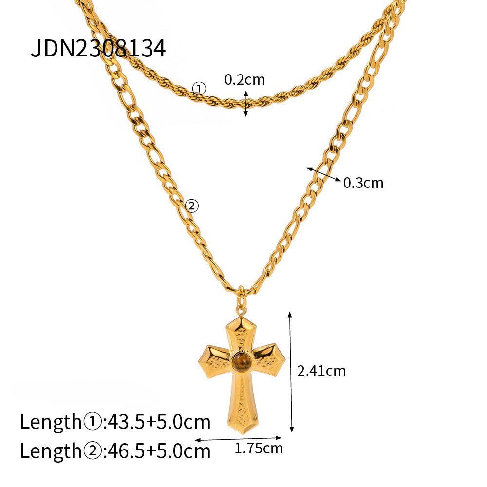 Wholesale Medieval Style Threaded Liquid Pleated Gold Cross Double Layer Necklace Stainless Steel ACC-NE-Wanx001