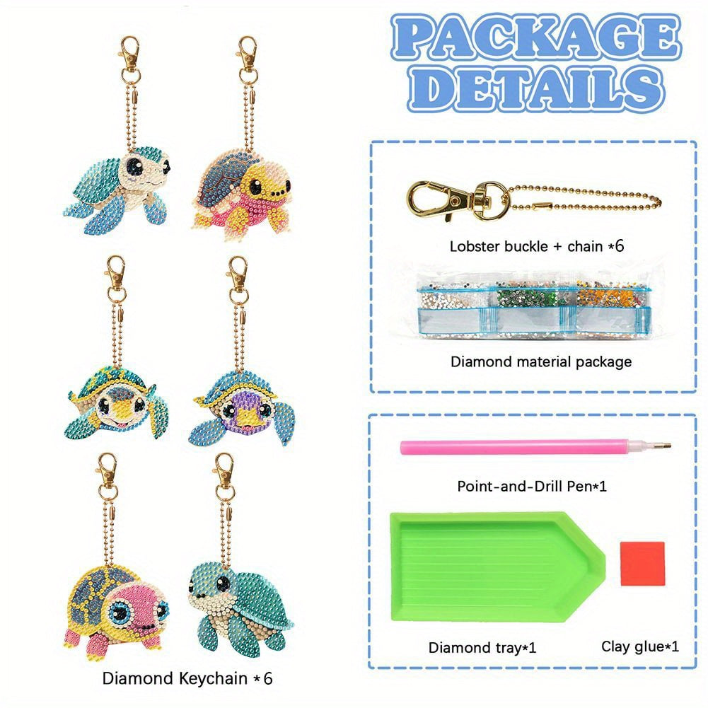 6pcs Rhinestone Painting Keychain, Sea Turtles Rhinestone Art Kits DIY Crafts Gifts for Bag Decorations