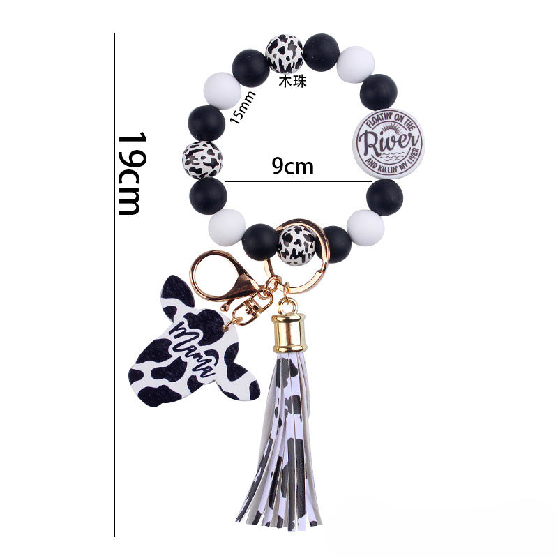 Wholesale Western Style Cow Pattern MOM Tassel Wrist Keychain Mother's Day ACC-KC-GuangTian054