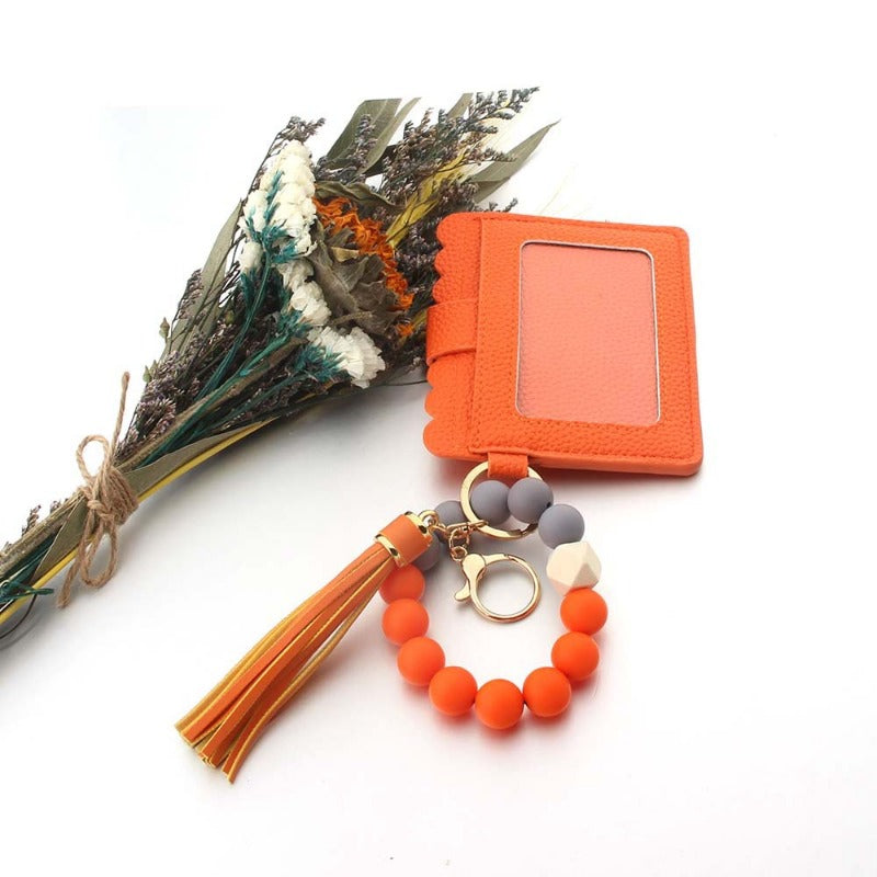 Wholesale Silicone PU Leather Tassel Bracelet Wooden Beads Wallet Keychain ACC-KC-JinAn023