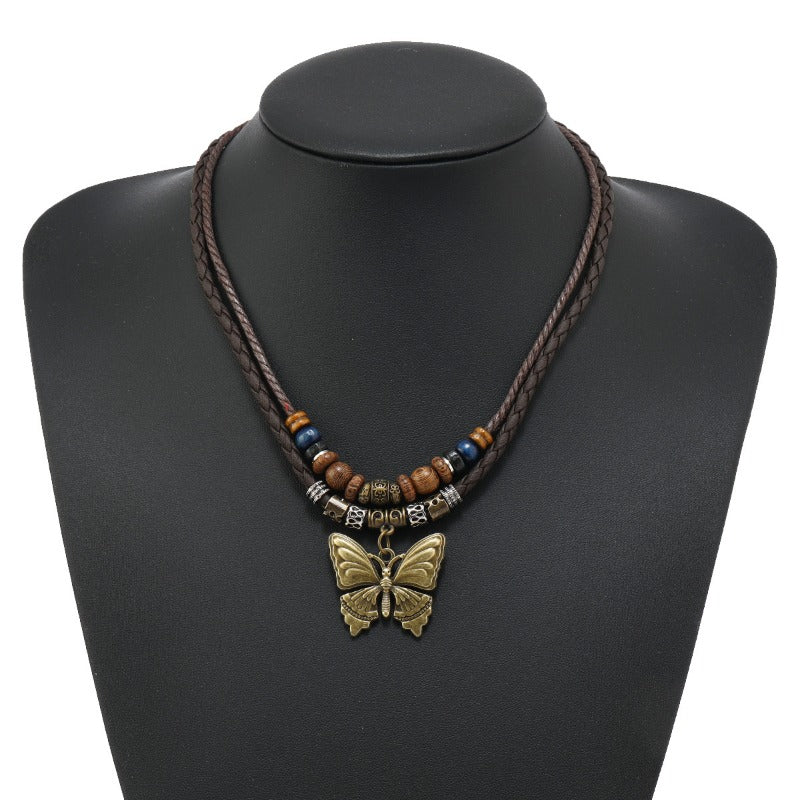Wholesale Metal Butterfly Pendant Handmade Beaded Wooden Beads Sweater Necklace ACC-NE-Saih003