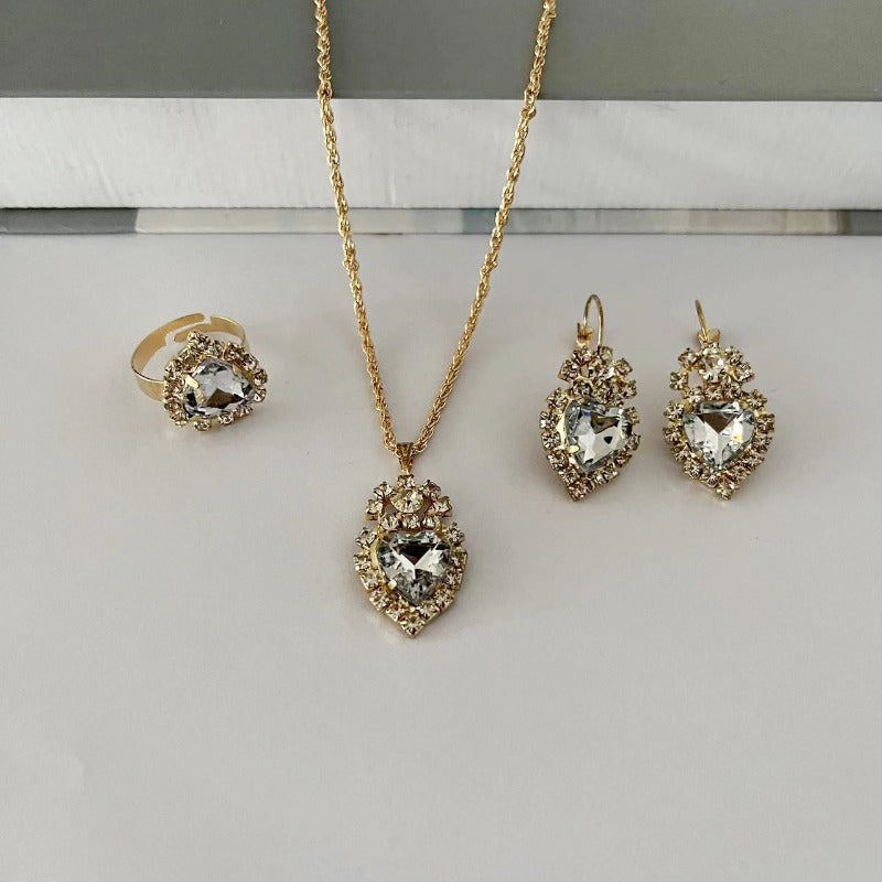 Wholesale Water Drop Heart Rhinestone Set Necklace Earrings Ring ACC-NE-AnHe005