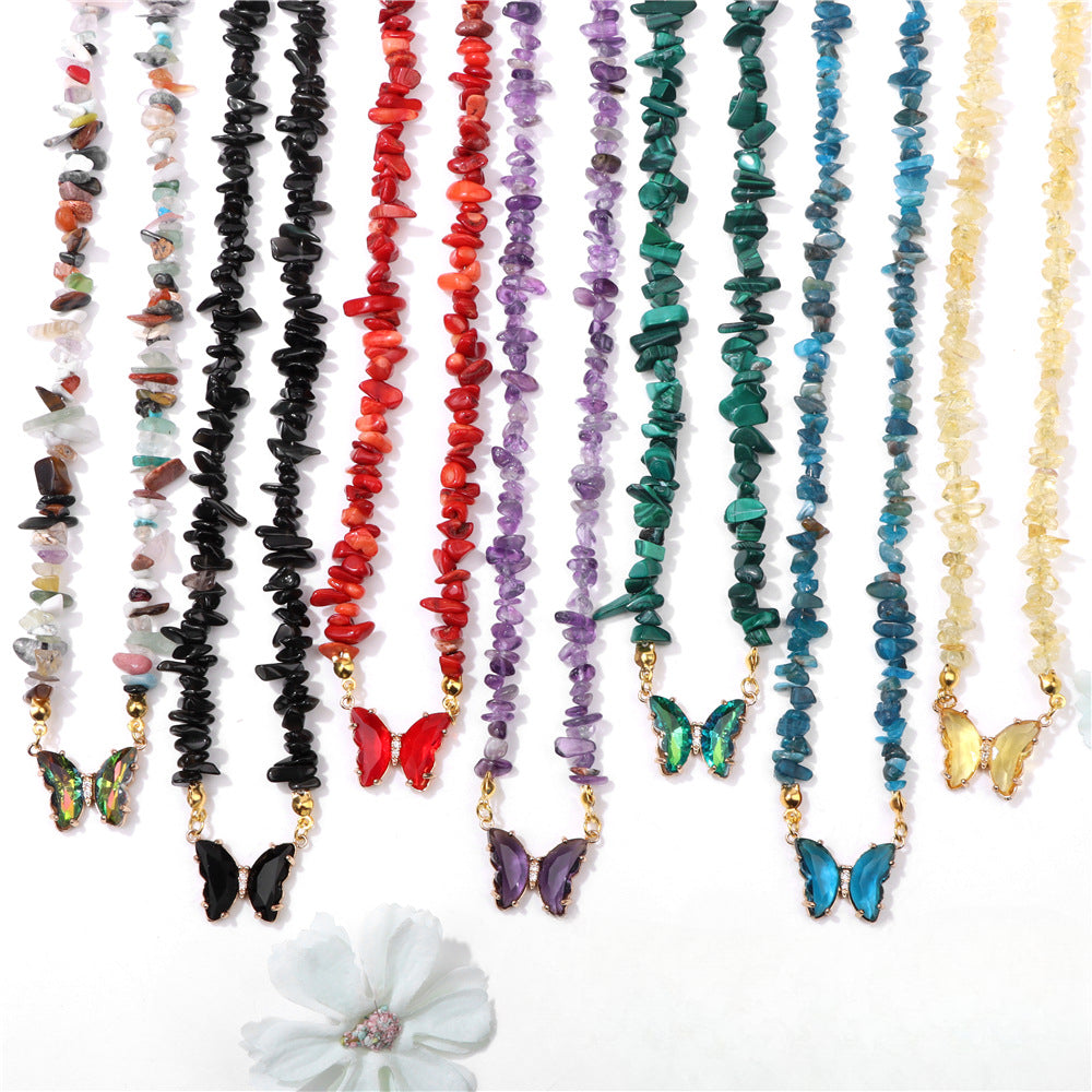 Wholesale Natural Color Stone Handmade Crystal Butterfly Pendant Necklaces ACC-NE-GEB001