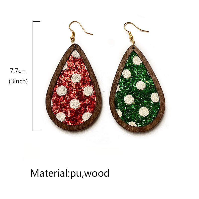 Wholesale Christmas Glitter Polka Dot Wood Inlay Leather Earrings ACC-ES-XinChuan066