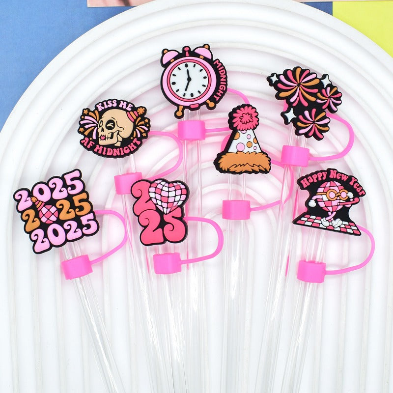 Wholesale Random 100pcs 2025 New Year Series 10mm PVC Soft Straw Tube Cap ACC-SCR-RYY130