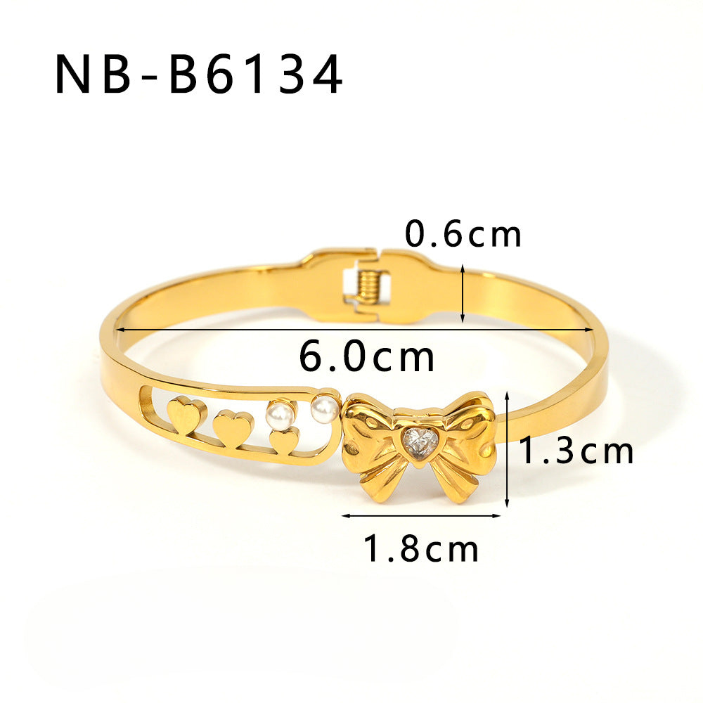 Wholesale Bow Inlaid Zircon Asymmetric Stainless Steel 18k Gold Plated Buckle Bracelet ACC-BT-XinY028