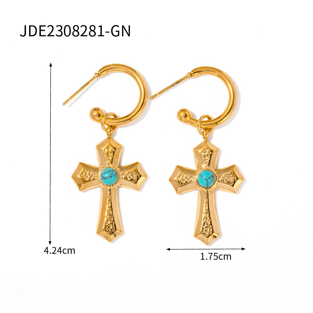 Wholesale Natural Stone Gold Beads Cross Pendant Earrings ACC-ES-WanX007