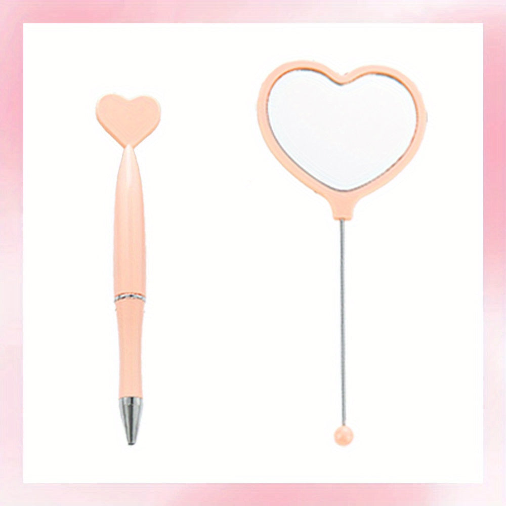 2pcs/set DIY Beadable Handle Mirror and Heart Shaped Pen Combination DIY Gift Office Gift Random Makeup Mirror