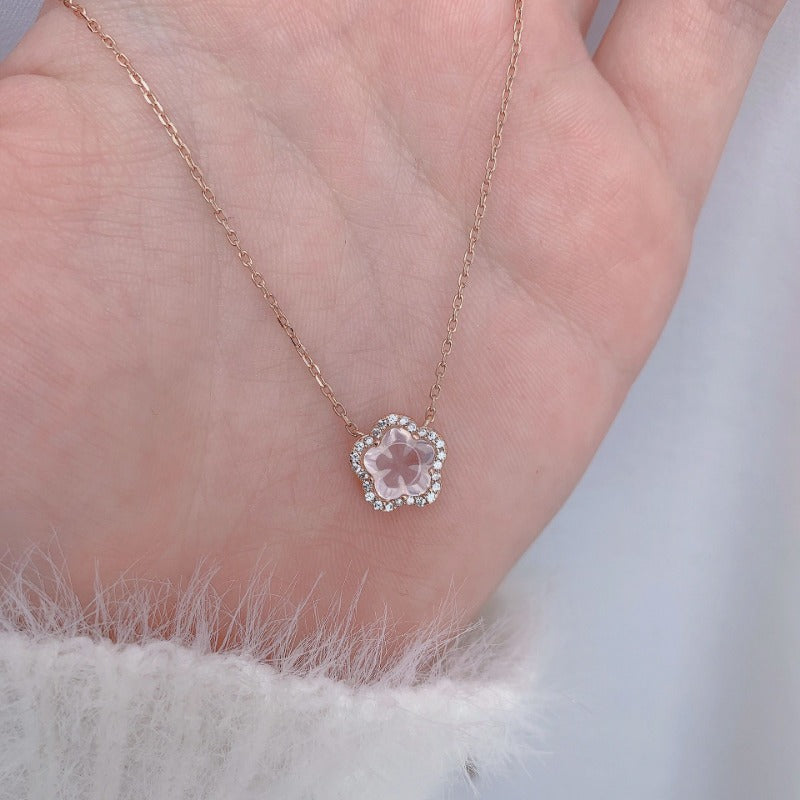 Wholesale Natural Rose Quartz Cherry Blossom Sterling Silver Necklace ACC-NE-XJF003