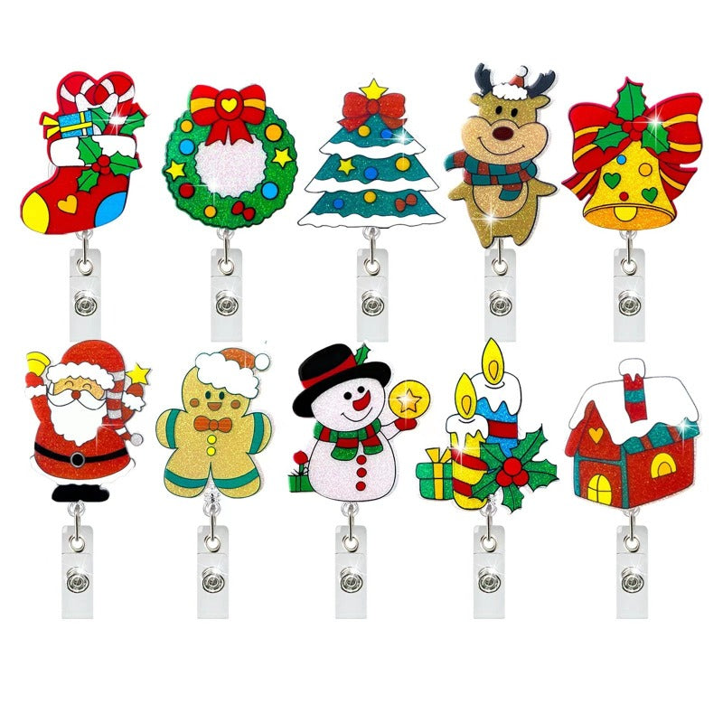 Wholesale Christmas Tree Holiday Glitter Badge Clip Retractable Keychain ACC-KC-LingYu014