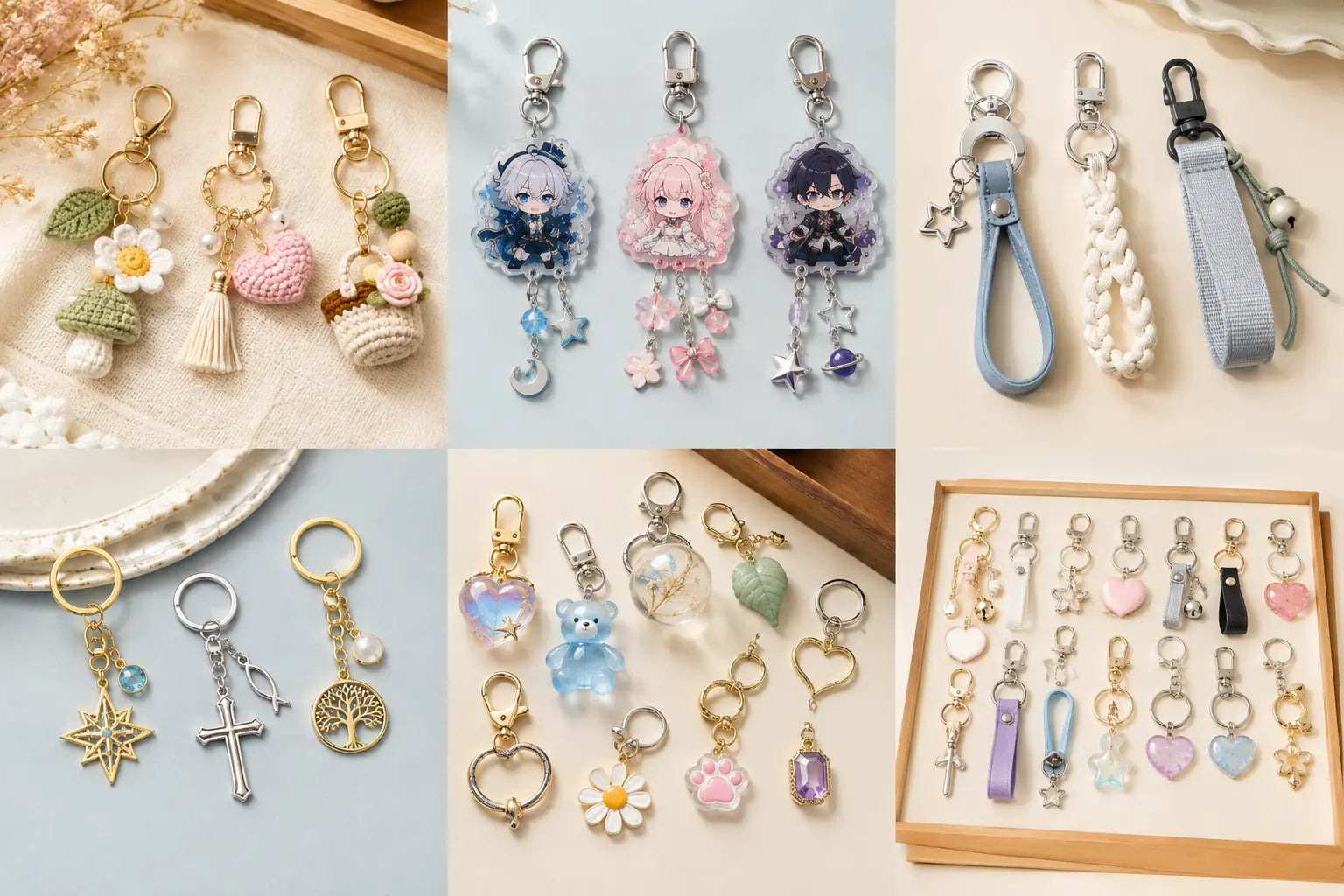 Keychain styles and themes including handmade, aesthetic, anime, acrylic, alloy and lanyard designs
