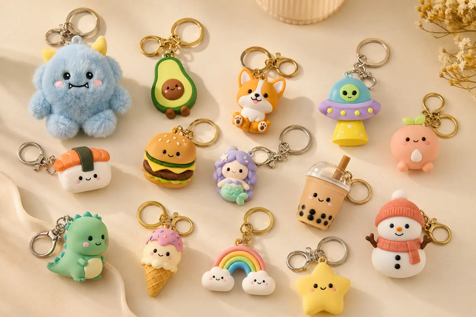Most popular cartoon keychains right now including plush PVC silicone animal and food designs