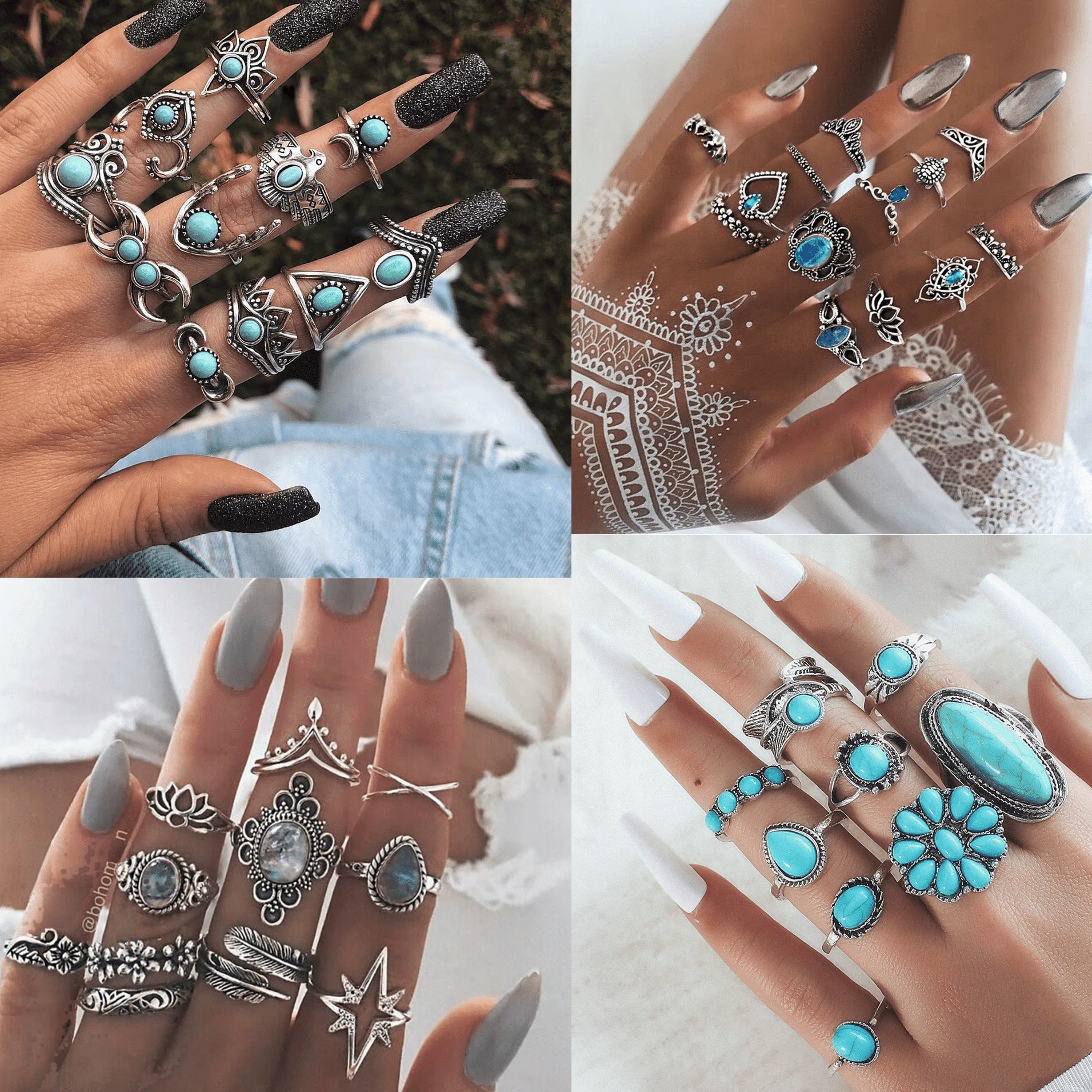 Wholesale Vintage Bohemian Feather Turquoise Hollow Ring Set 9 Pieces Fashion Jewelry Accessory for Everyday Wear Gift