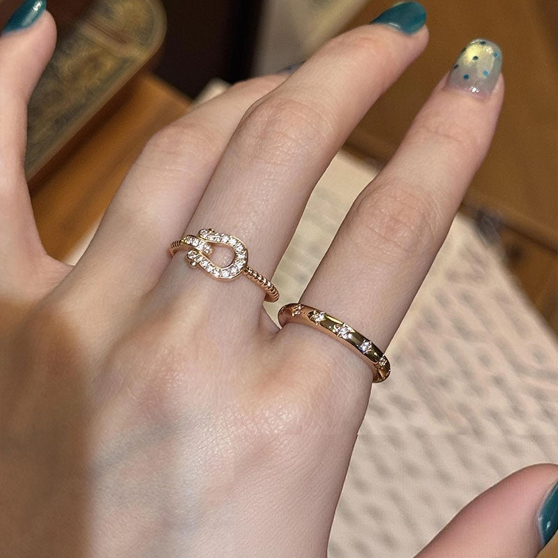 Wholesale Women S Two Piece Stacking Ring Set Sparkling Star And Horseshoe Buckle Motif Alloy Adjustable Open Rings Boutique Resale Party Jewelry