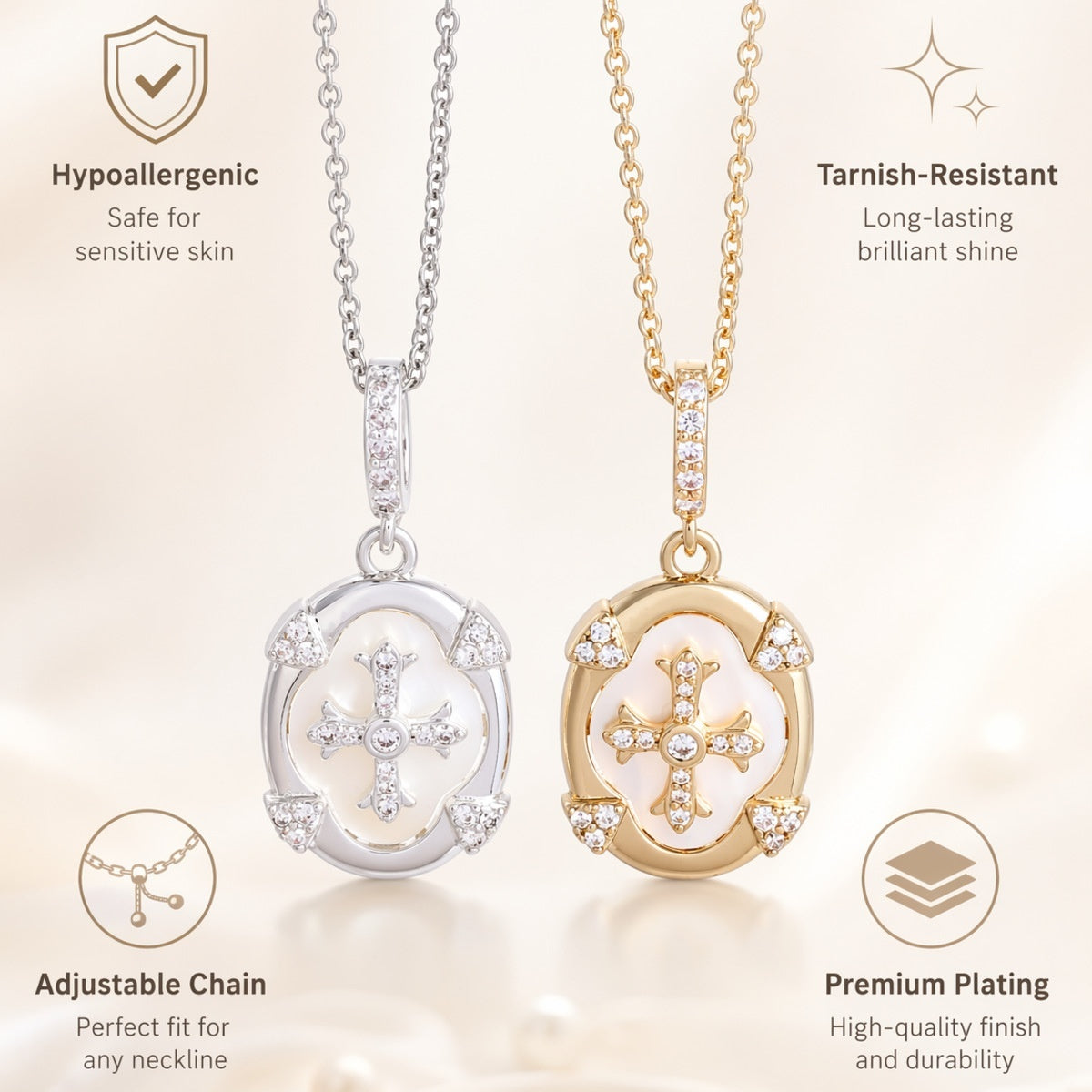 Wholesale Fashion Cross Pendant Necklace Mother of Pearl Gold Plated Jewelry Accessory Gift