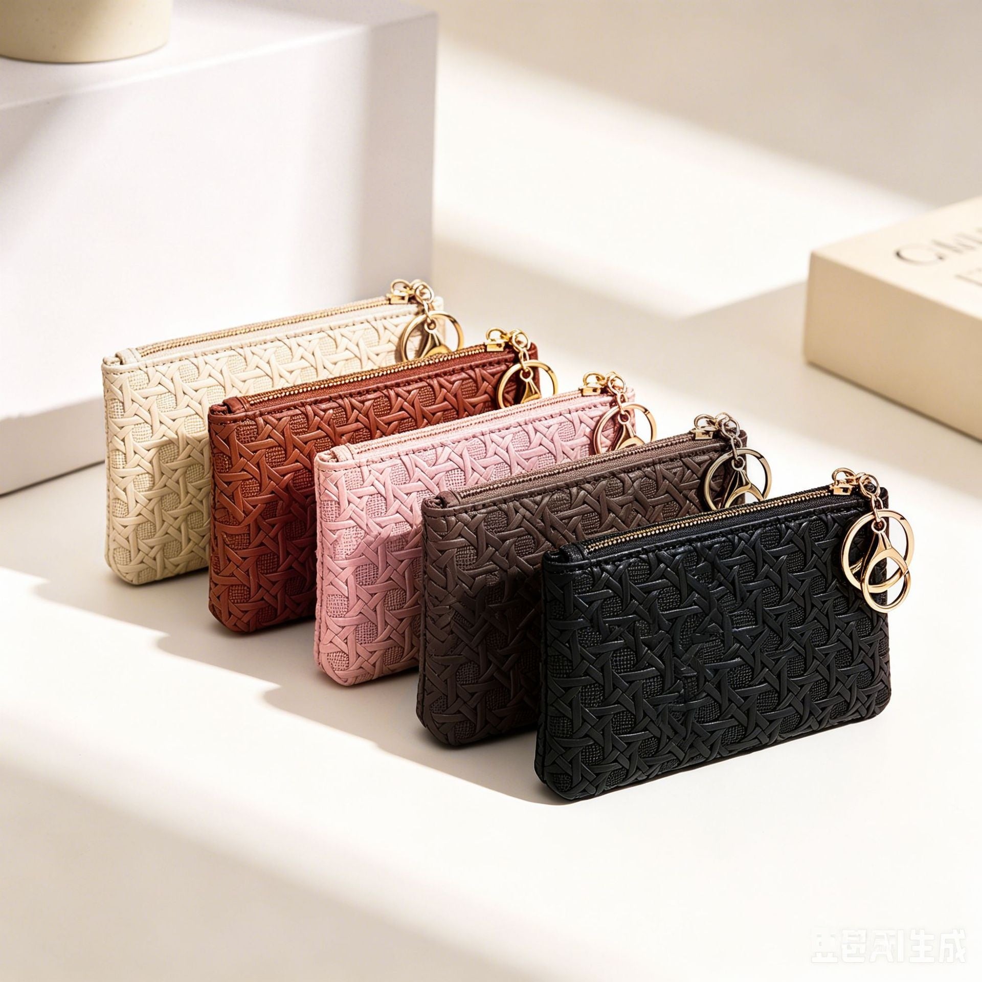 Wholesale Trendy Woven Coin Purse For Women PU Leather Solid Black Keychain Wallet Fashion Accessory