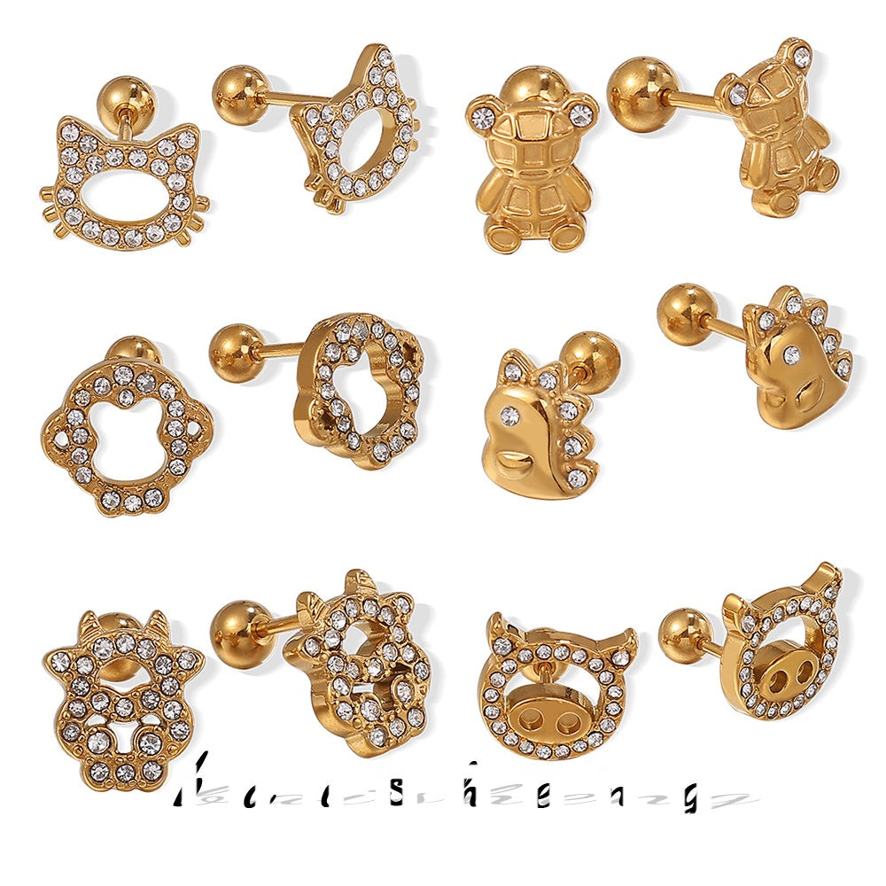 Wholesale Stainless Steel Electroplated Bear Ear Studs with Micro Zircon,  Everyday Fashion Accessory