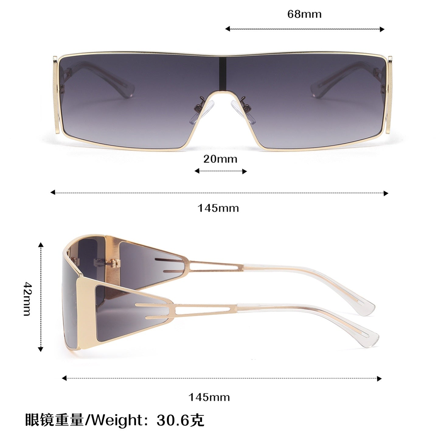 Wholesale Square One-Piece Sunglasses UV400 Black Frame Gray Lens Chic Street Style Women Fashion Accessory