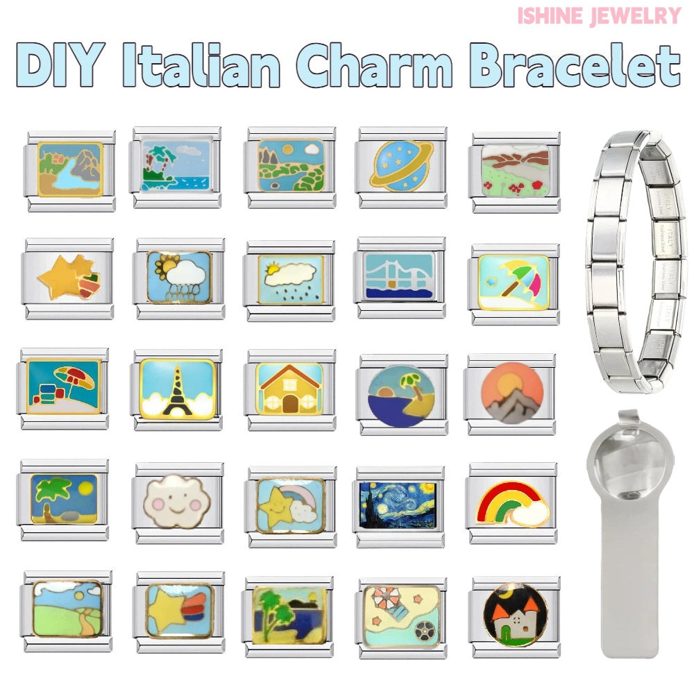 Wholesale Original Design DIY Italian Charms Bracelet Titanium Steel Enamel Landscape Pattern Fashion Jewelry Accessory For Boutique Resale