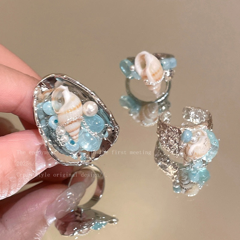 Wholesale Shell Beaded Geometric Open Ring - Sea Breeze Vacation Style Jewelry Accessory for Women