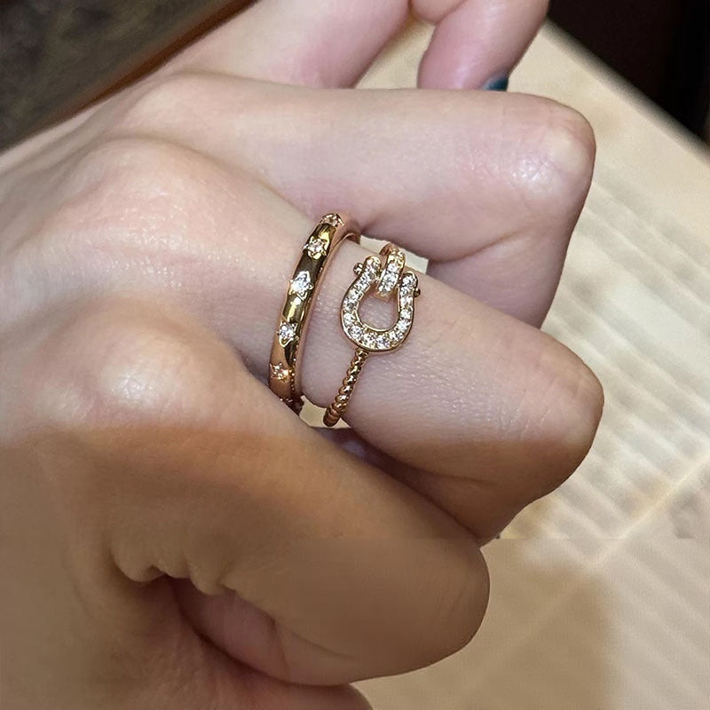 Wholesale Women S Two Piece Stacking Ring Set Sparkling Star And Horseshoe Buckle Motif Alloy Adjustable Open Rings Boutique Resale Party Jewelry