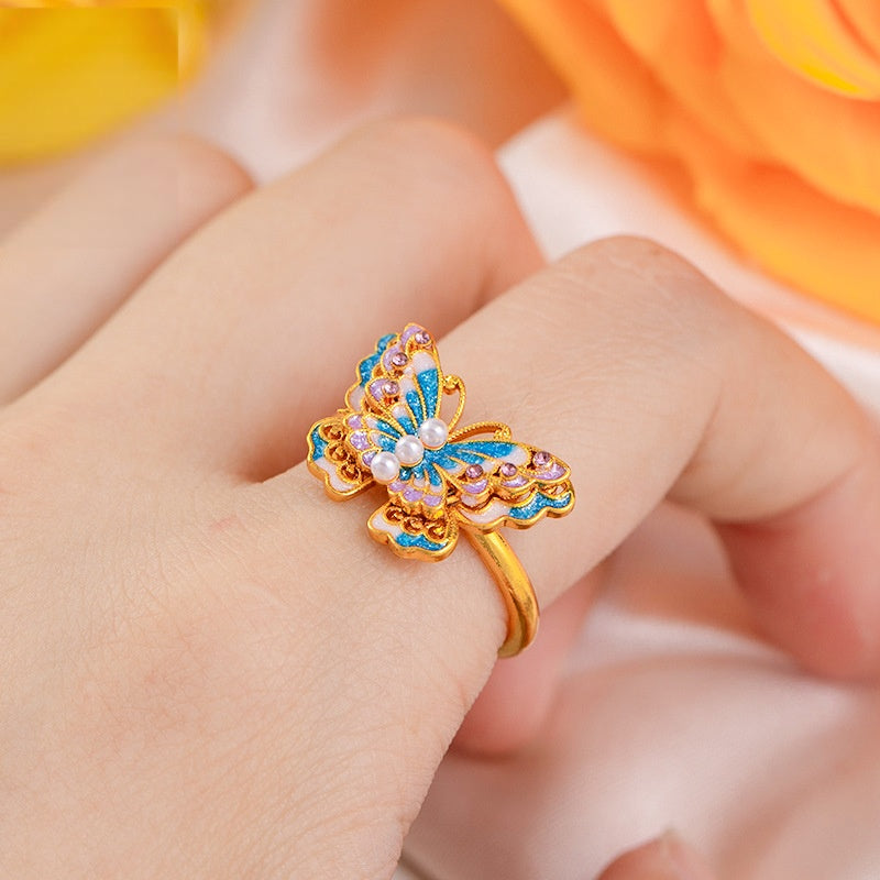 Wholesale Butterfly Ring Blue Gradient Enamel Pearl Antique Gold Finish Fashion Jewelry Accessory