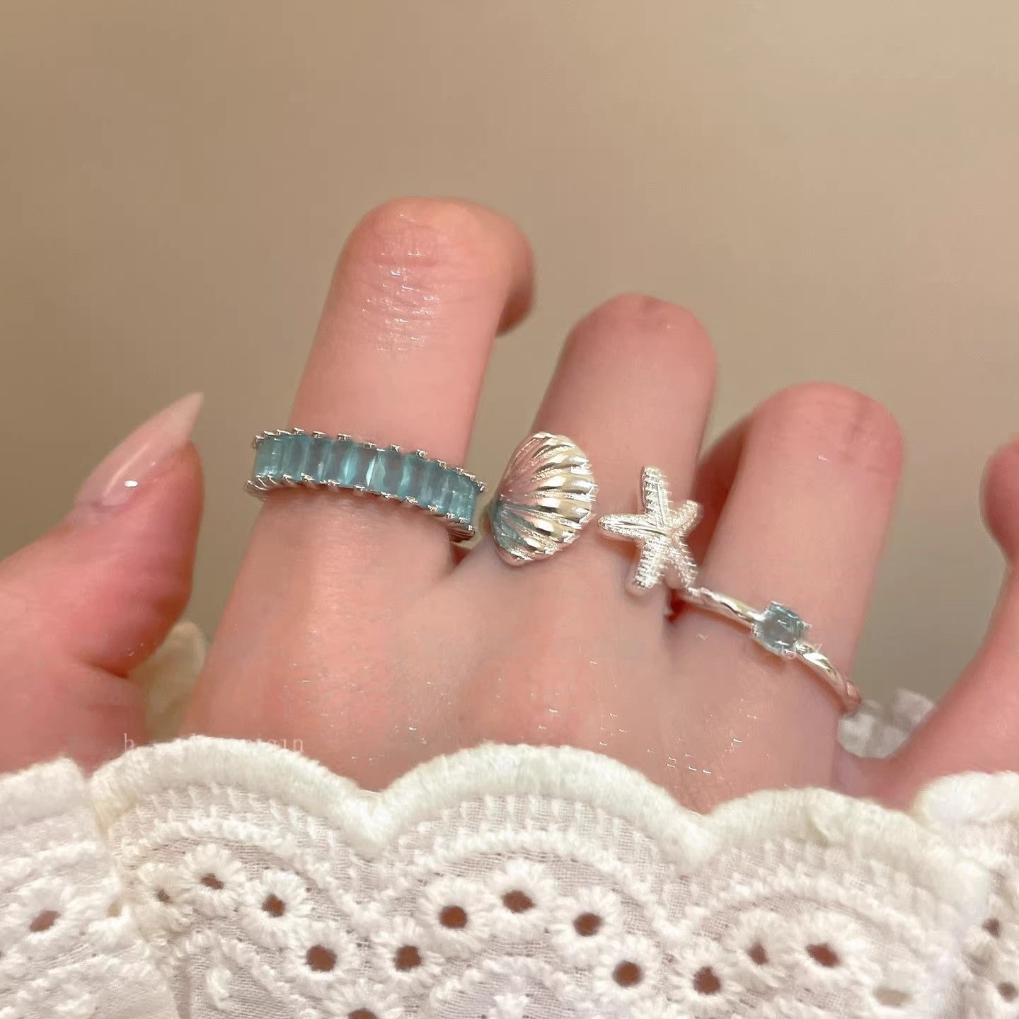 Wholesale Blue Starfish Seashell Open Ring for Women,  Trendy Coastal Vacation Style Copper Jewelry Accessory