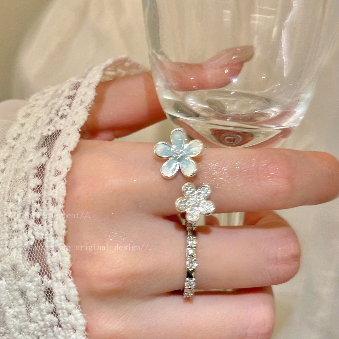 Wholesale Blue Floral Drip Glaze Ring Copper Adjustable Open Ring For Women Nature Fashion Accessory Boutique Resale