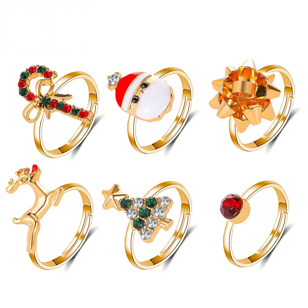 Wholesale Christmas Tree Ring Set 6-Piece Adjustable Stackable Rings Jewelry Accessory