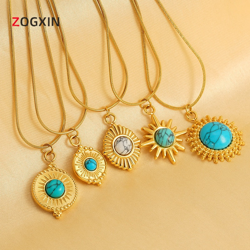 Wholesale Titanium Steel Turquoise Pendant Necklace for Women,  Geometric Star Chain,  Trendy Fashion Accessory