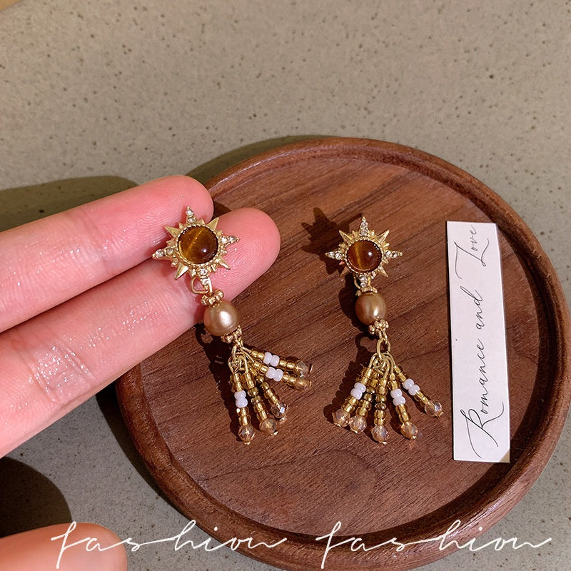Wholesale Retro Caramel Tiger Eye Stone Pearl Tassel Earrings Eight Pointed Star Drop Earrings For Women Party Jewelry Accessory For Boutique Resale