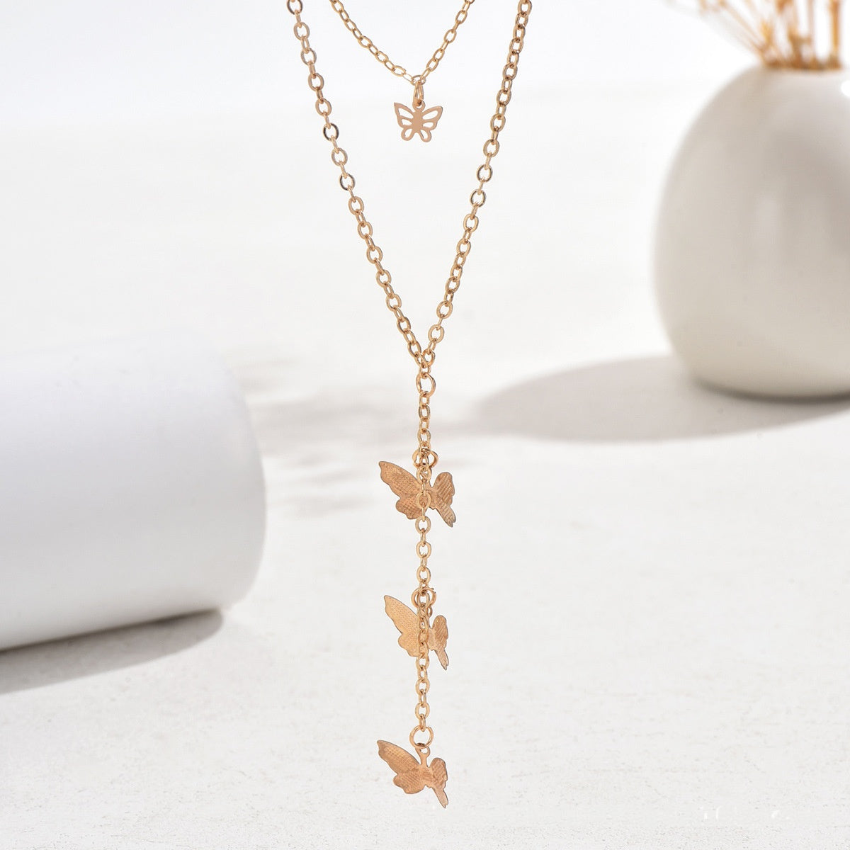 Wholesale Electroplated Iron Double-Layer Butterfly Pendant Necklace,  Trendy Layering Jewelry for Women Everyday Fashion