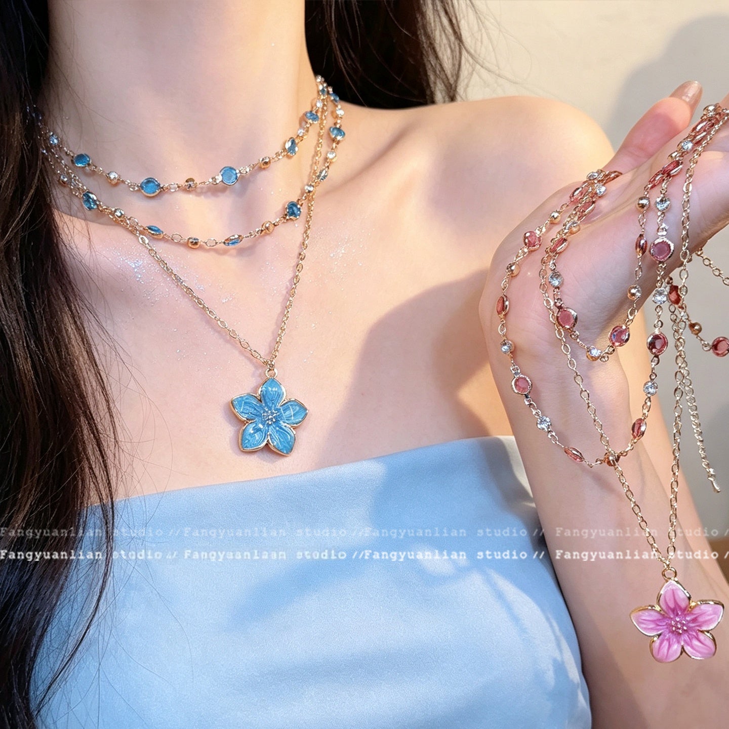 Wholesale Seaside Vacation Multi Layer Blue Flower Necklace Chic Fashion Accessory Gift Boutique Resale
