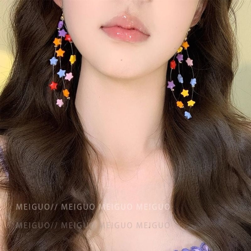 Wholesale Trendy Long Tassel Star Earrings for Women，Alloy Zirconia Heart Design，Party Jewelry Accessory Gift