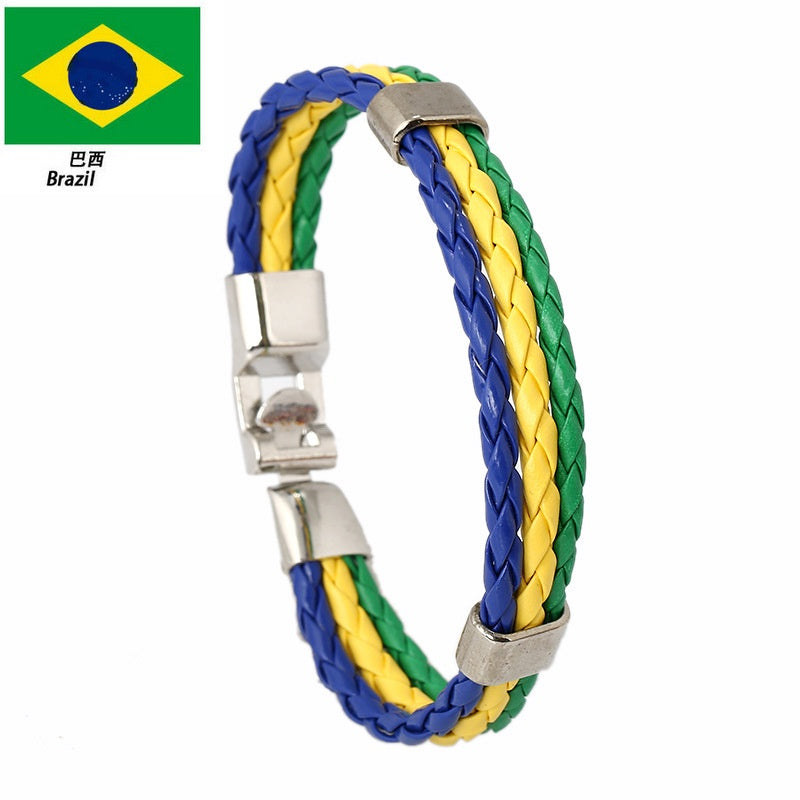 Wholesale Faux Leather Brazil Flag Color Bracelet - Unisex Fashion Accessory Gift