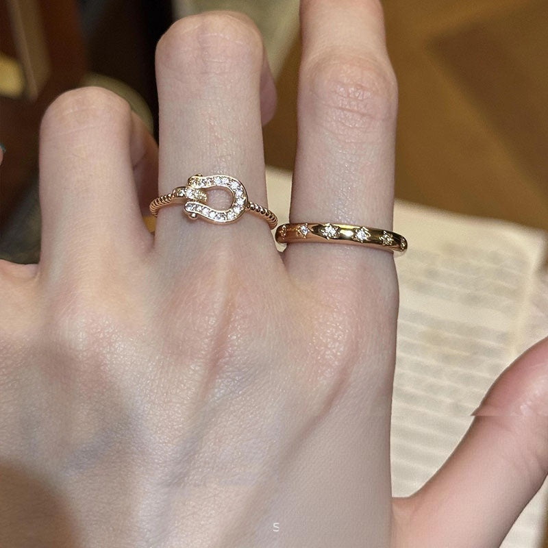 Wholesale Women S Two Piece Stacking Ring Set Sparkling Star And Horseshoe Buckle Motif Alloy Adjustable Open Rings Boutique Resale Party Jewelry