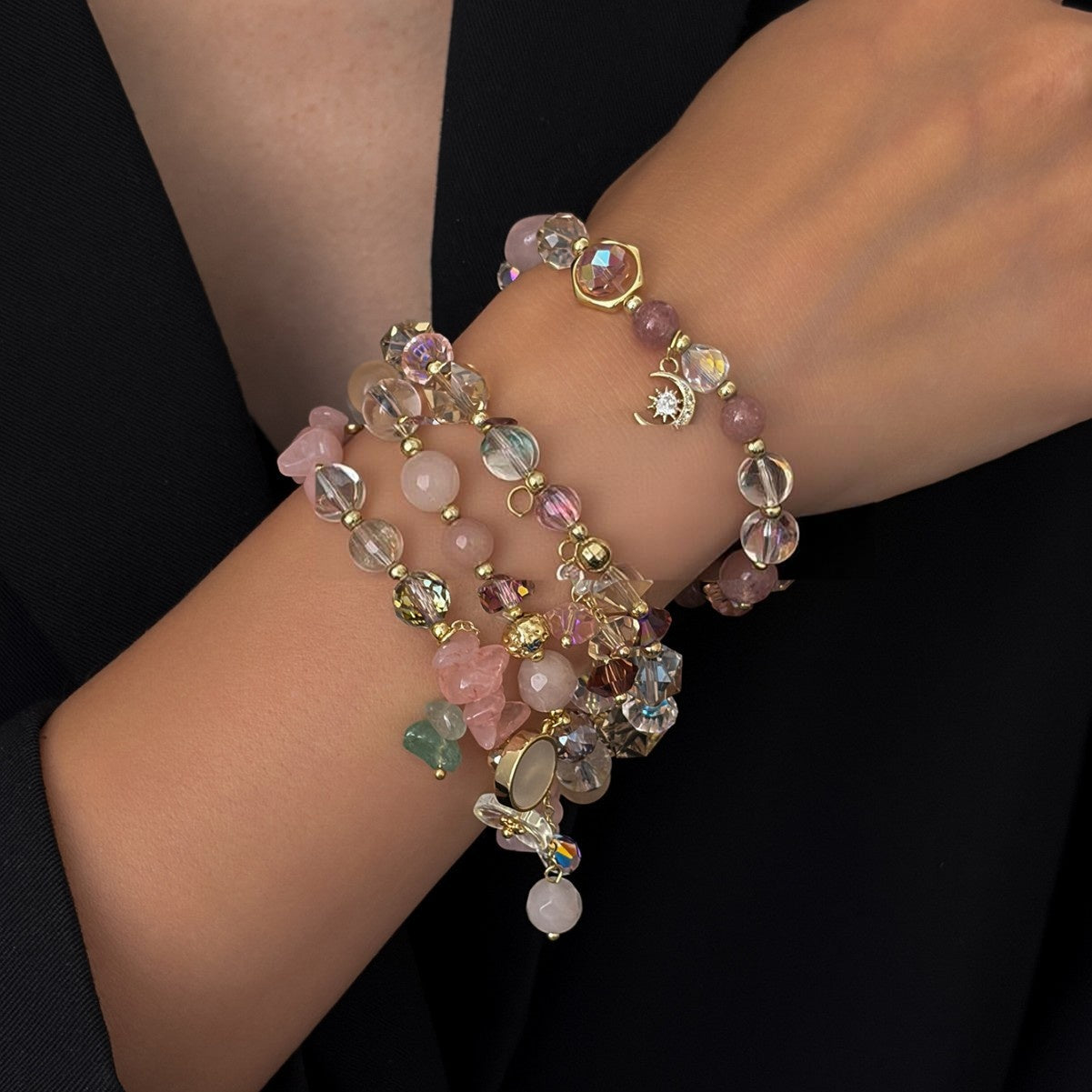 Wholesale Natural Pink Crystal Strawberry Crystal Beaded Bracelet Star Moon Pendant Adjustable Women S Fashion Jewelry