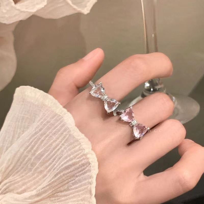 Wholesale Zircon Crystal Bow Open Ring For Women Pink Tone Adjustable Design Fashion Jewelry Accessory Everyday Wear Boutique Resale