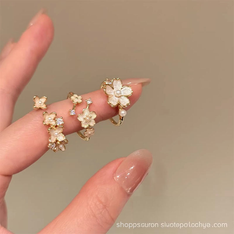 Wholesale Fashion Pearl Flower Rhinestone Ring for Women,  Adjustable Sparkle Jewelry Accessory for Everyday Wear