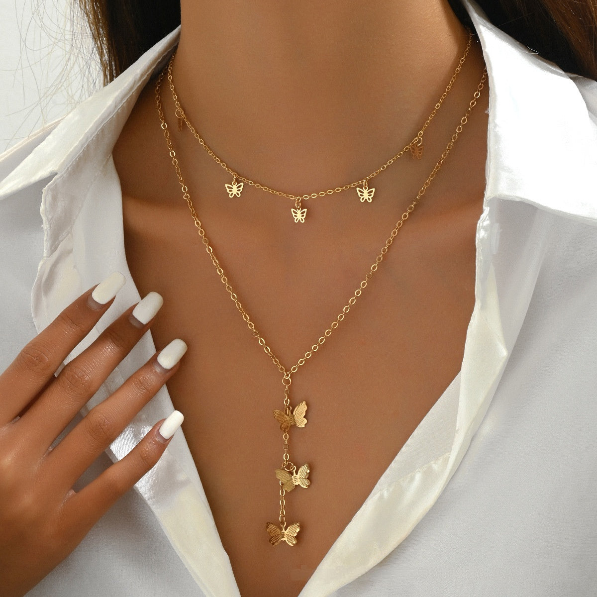 Wholesale Electroplated Iron Double-Layer Butterfly Pendant Necklace,  Trendy Layering Jewelry for Women Everyday Fashion