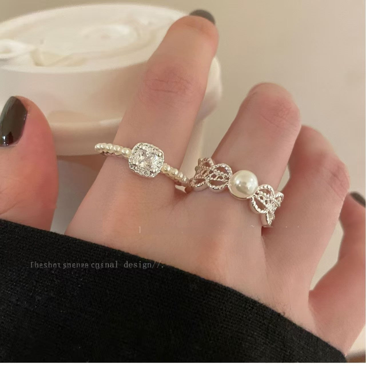 Wholesale Adjustable Lace Pearl Zircon Ring Women Star Moon Glacier Blue Design Open Ring Jewelry Gift Boutique Resale