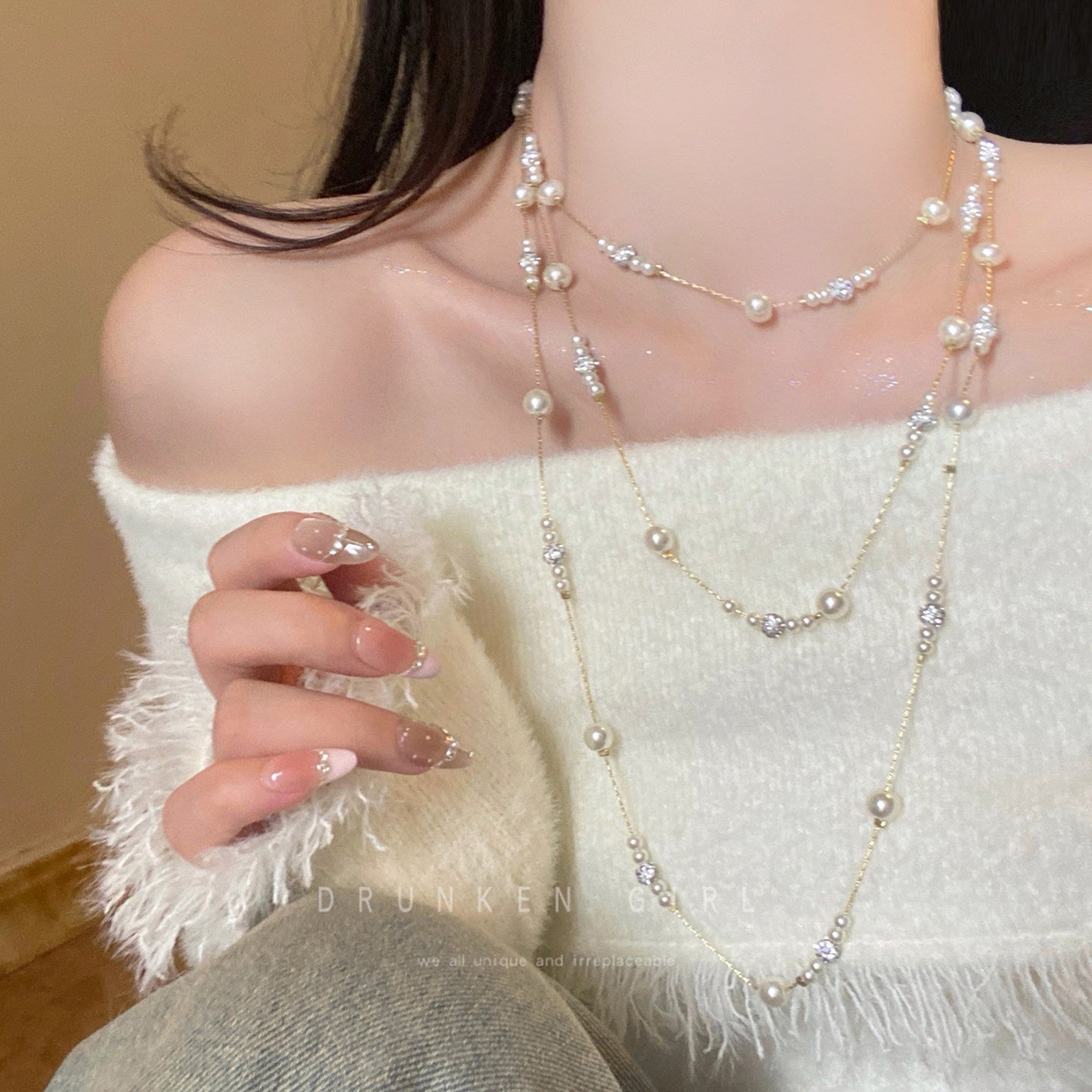 Wholesale Alloy Gypsophila Pearl Layered Long Necklace Trendy Sweater Chain For Women Everyday Party Jewelry Accessory